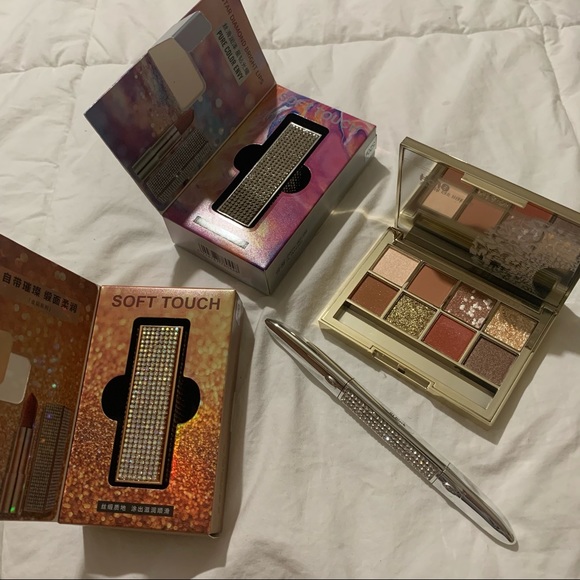 Rhinestone Diamond Silver and Gold Eyeshadow, Eyebrow Pencil and 2 Lipsticks NIB - Picture 2 of 16